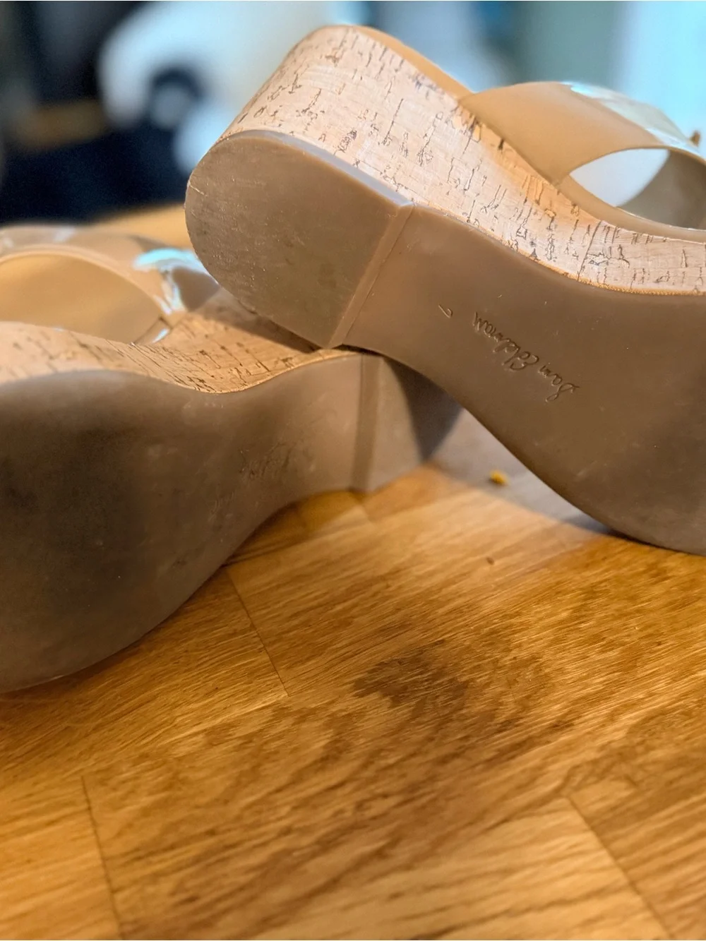 Sam Edelman Nude Patent Leather Wedge Thong Sandals with Gold Accent
